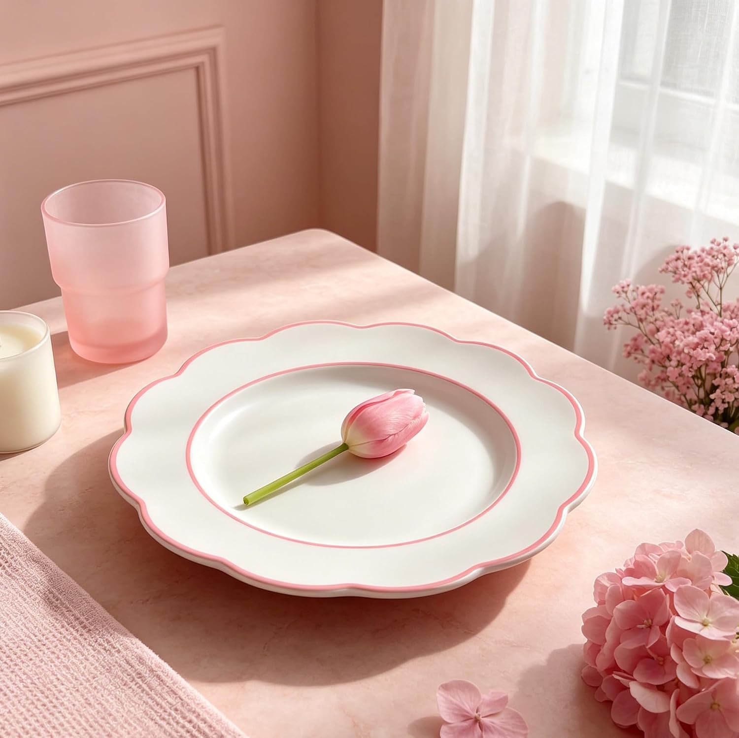 gold charger plate set of 12, suitable for charger plates for dinnerware, flower-shaped plastic charger plates for Thanksgiving and Christmas (pink) image 4