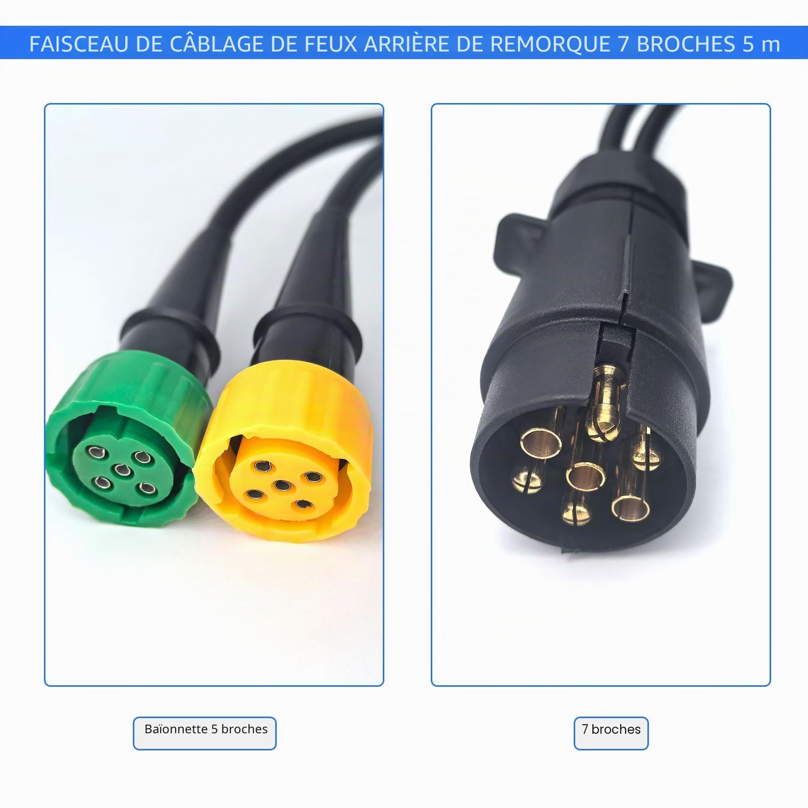 5M Kit Faisceau Prise de Remorque à 7 Broches vers Double Prise à Baïonnette à 5 Broches pour Feux de Remorque à 7 Pin - 12V 24V Universel - Brancher et Jouer