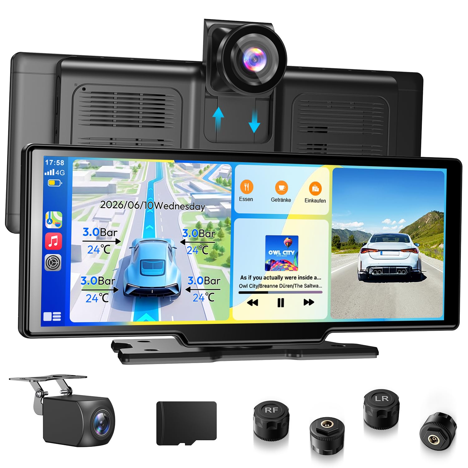 ESSGOO 10.26 Zoll Kabelloses CarPlay Display mit 4K Dashcam,1080P Rückfahrkamera & 4 Reifendruckkontrollgeräte Drahtlos CarPlay & Android Auto,Bluetooth 5.3,Mirror Link,GPS,FM,Sprachsteuerung,64GB TF
