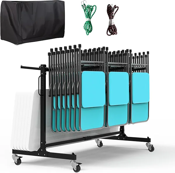 Eastrexon Folding Chair Rack, Heavy-Duty Folding Chair Cart with Swivel Wheels, 660 LBS Capacity for 12 Tables or 42 Chairs, Chair and Table Cart w/Dust Cover and 2 Binding Ropes, 72”L x 33”W x 42”H