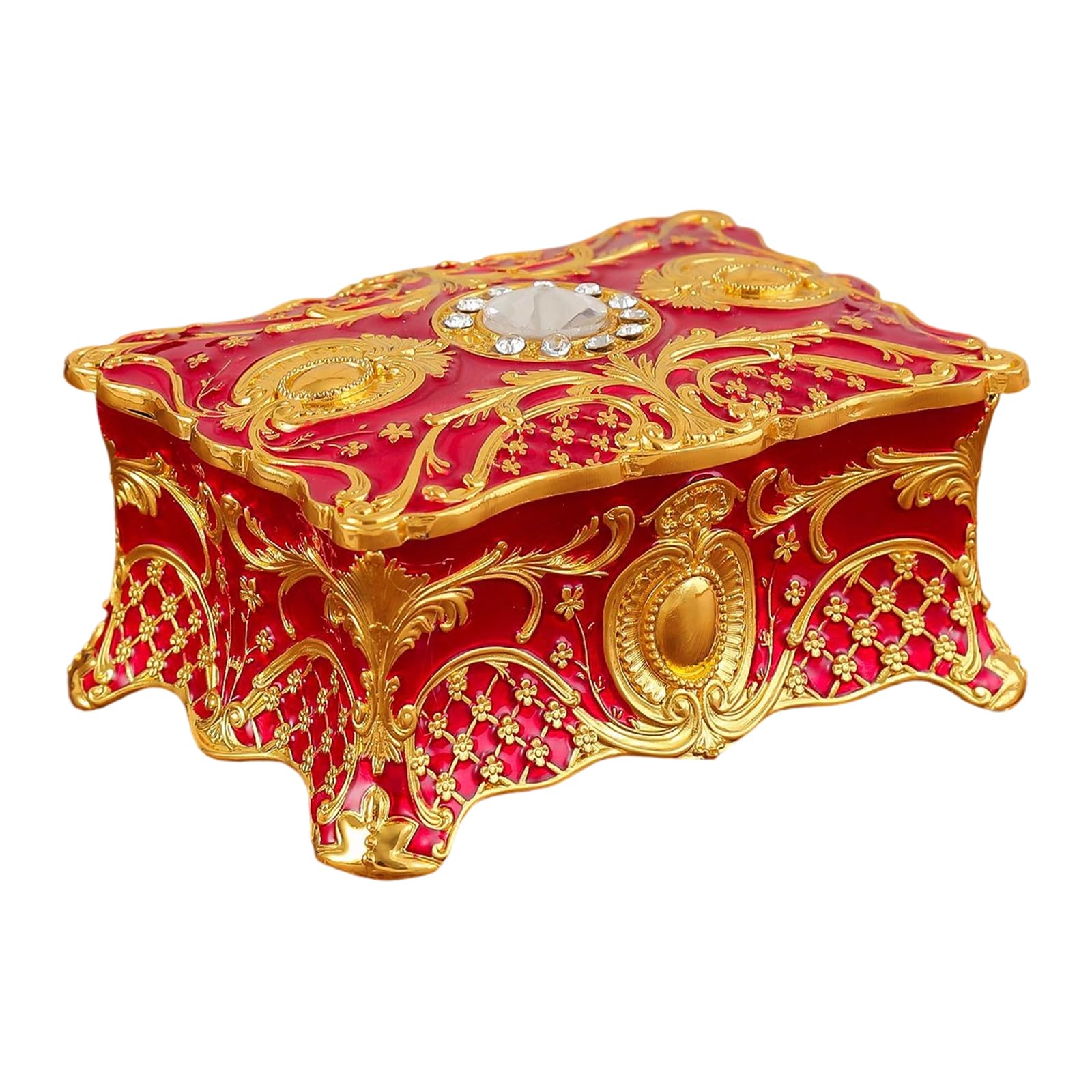 Qusinfc Sturdy Enameled Coated Metal Jewelry Holder with Floral Designs and Rhinestones Detail Traditional Jewelry Box