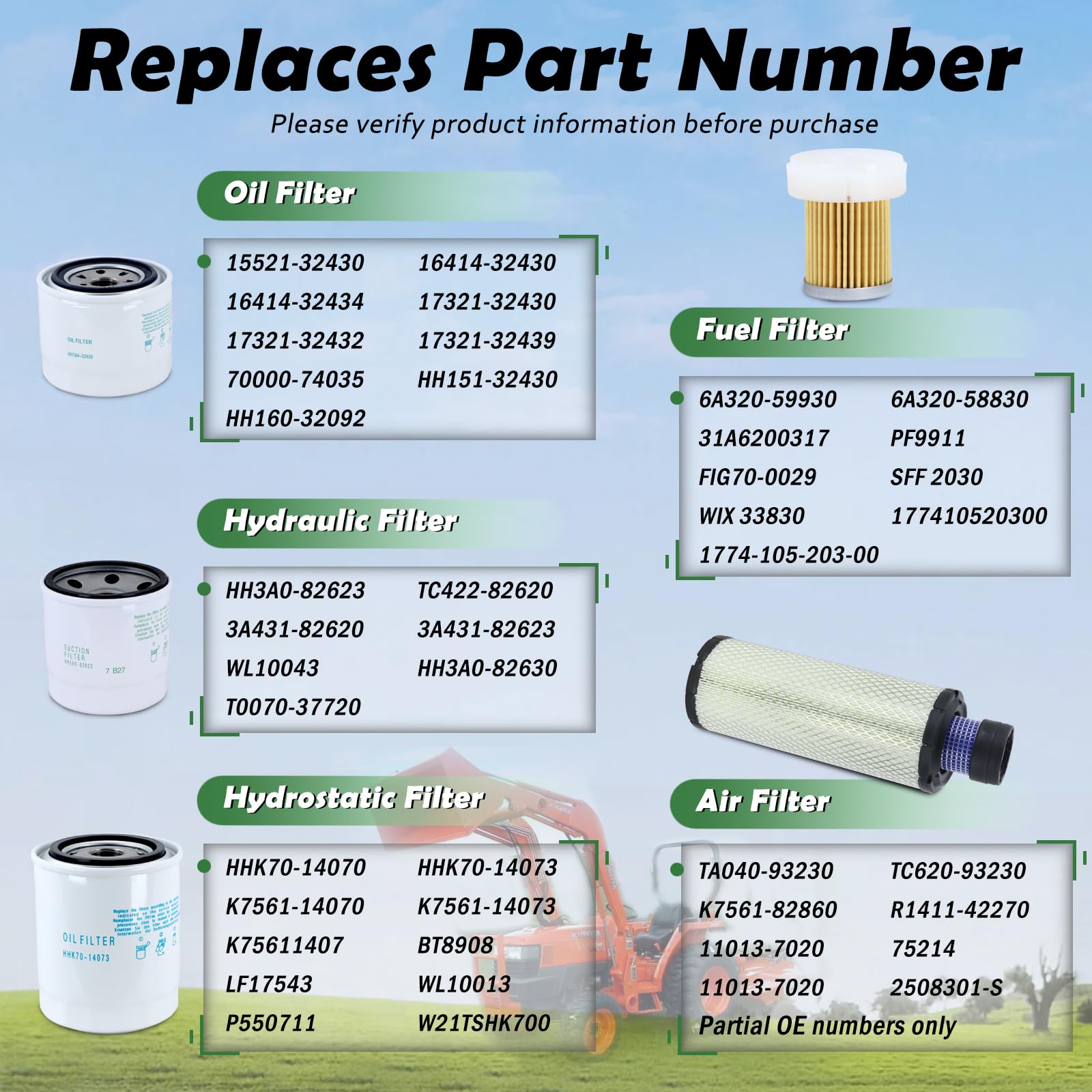 Tune Up - Kit de filtros de servicio de mantenimiento compatible con Kubota L2501 L2800 L3200 L3400 L3700SU L3800 HST Tractor, filtro hidráulico de aire y aceite de repuesto # HH164-32430 HH3A0-82623