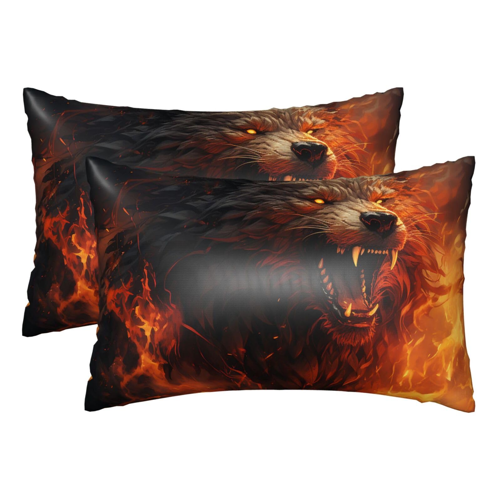 Silk Pillowcases Set of 2 Pillow Shams Breathable Soft Pillow Covers with Envelope Closure Wild Wolf in the Fire Pillowcases Standard Size 20x30 Inches Washed Pillow Cases for Hair and Skin