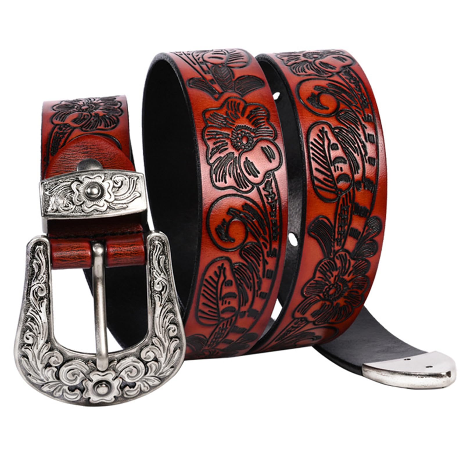 Cintura In Pelle Goffrata Vintage Da Uomo E Donna - Fibbia In Argento Con Incisione Floreale Western, Cinturino In Vita Stile Cowgirl Country
