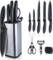 RAXCO 10-Piece Knife Set with Block - Pro-Sharpened Black Stainless Steel Kitchen Knives for Slicing, Dicing, Mincing | 4.6 Stars, $19.99