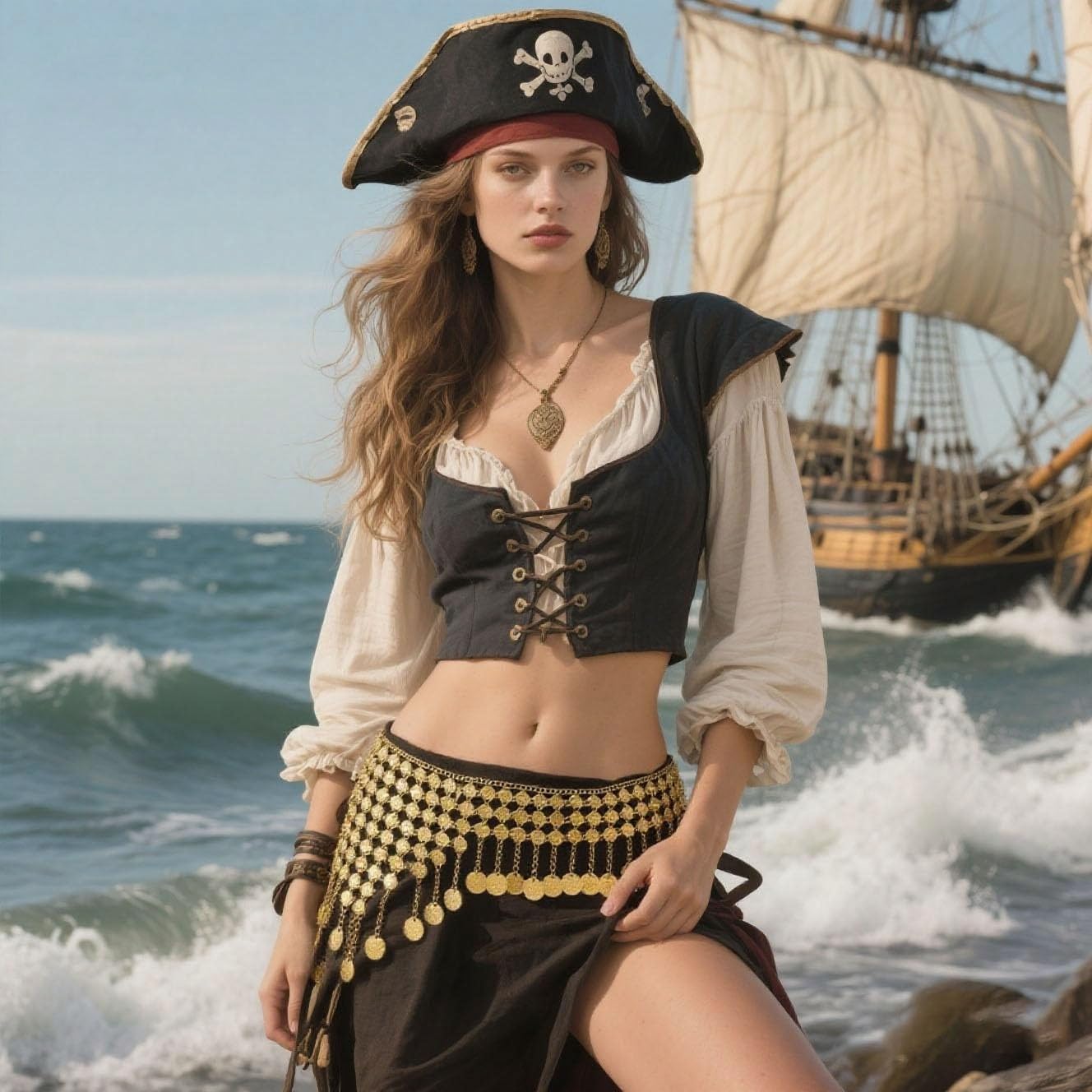Gold Pirate Waist Chain for Women Coin Pirate Body Chain Coin Belly Body Chains Tassel Belly Dance Coins Belt Halloween Dress Costume Jewelry Pirates Accessories for Women