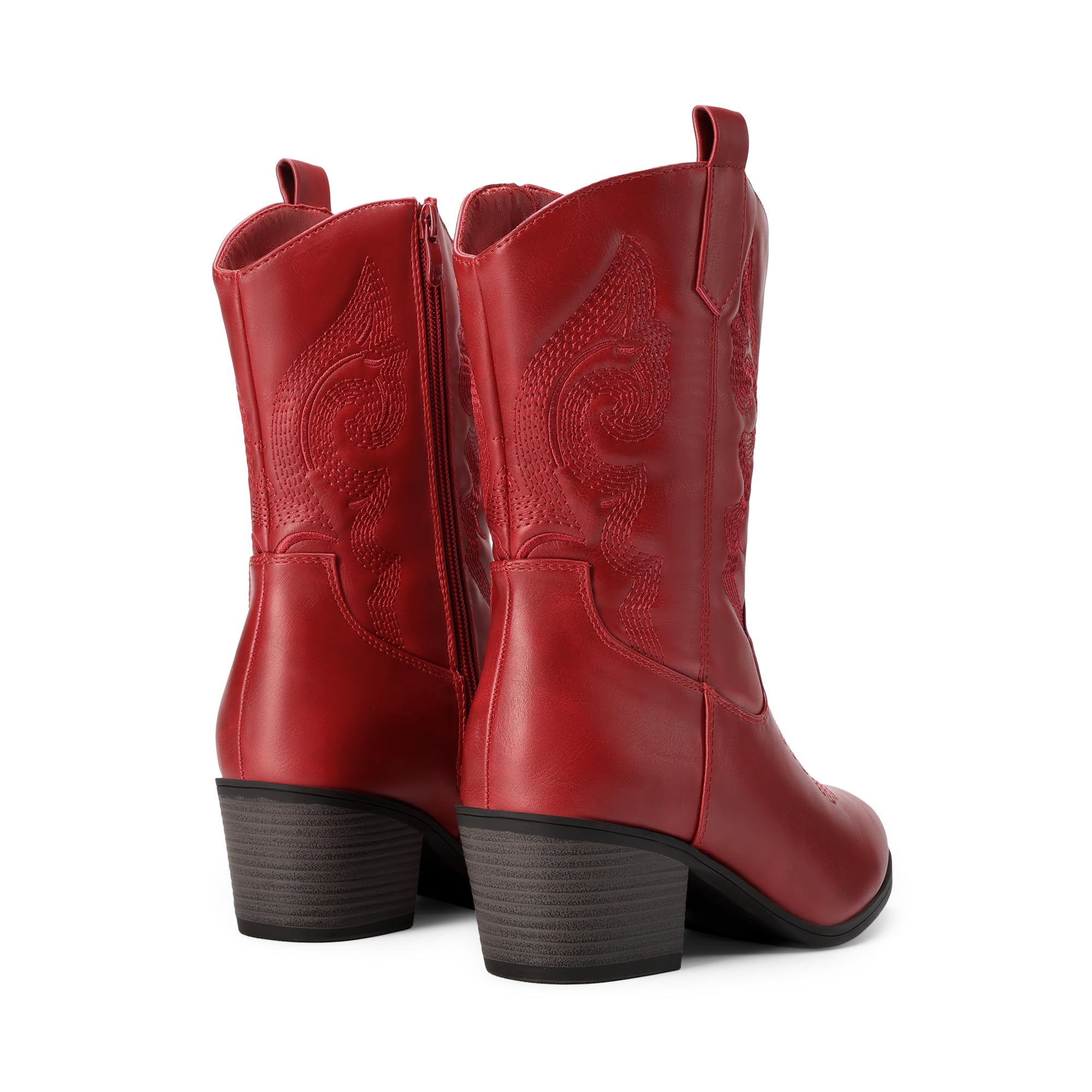 DREAM PAIRS Kowbojskie buty kowbojskie do połowy łydki dla kobiet, Czerwony, 40.5 EU | Buty westernowe z okrągłym noskiem, gruby niski obcas, buty do haftowania, festiwale muzyki country impreza tematyczna