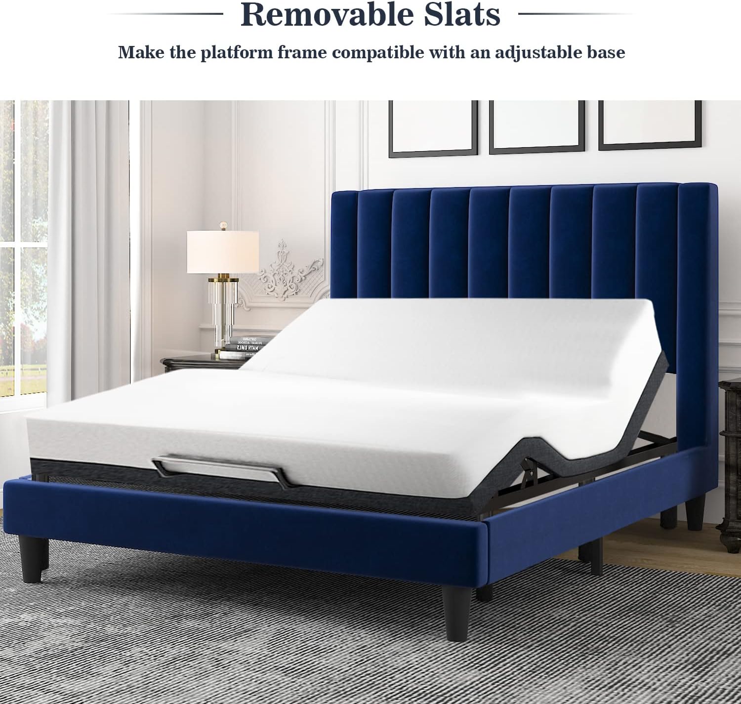 Features for quiet sleep in Allewie bed frame: Velcro-fixed slats, no-noise strip, thicken planks