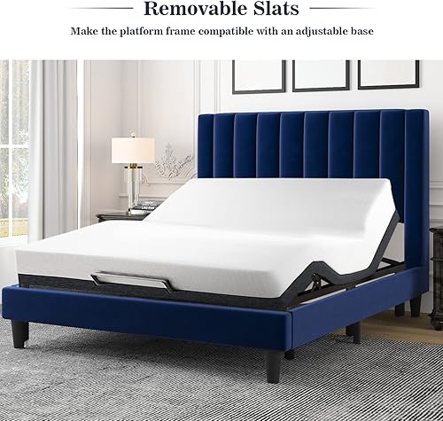 Miniatura 64 de Allewie - Base de cama tapizada en terciopelo, cabecera capitoné de canales verticales, listones de madera reforzados, opción de somier, fácil de