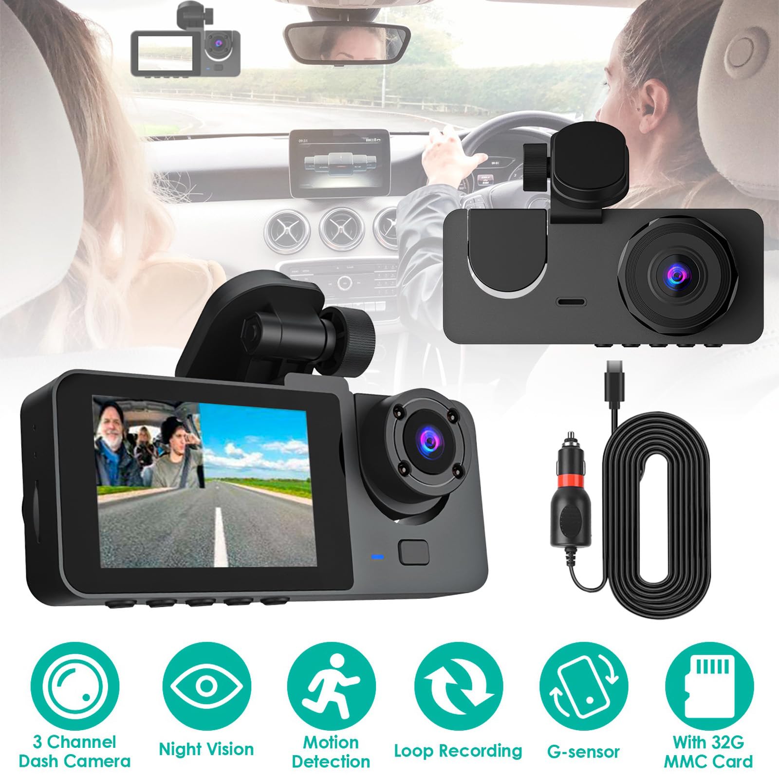 3 Channel Dash Cam, 1080P Dash Cam Front and Rear Inside, Three Way Dash Camera for Cars, Car Camera with 32GB Card, 24H Parking Mode, Loop Recording, Super Night Vision