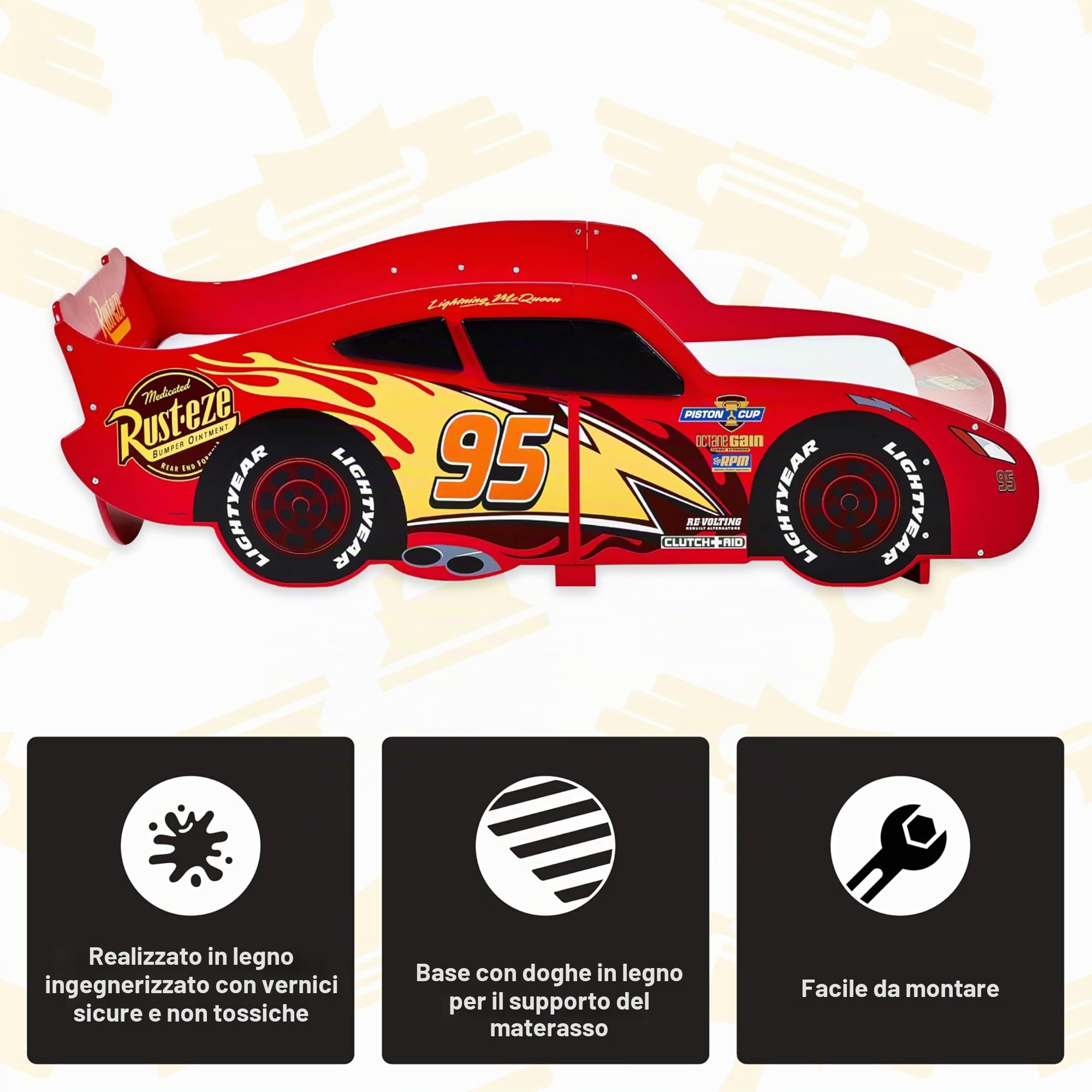 Disney Cars Saetta Mcqueen - Lettino per bambini, struttura robusta, lati protetti, doghe in legno, colore rosso brillante, adatto per materassi da 140 x 70 cm (materasso non incluso)