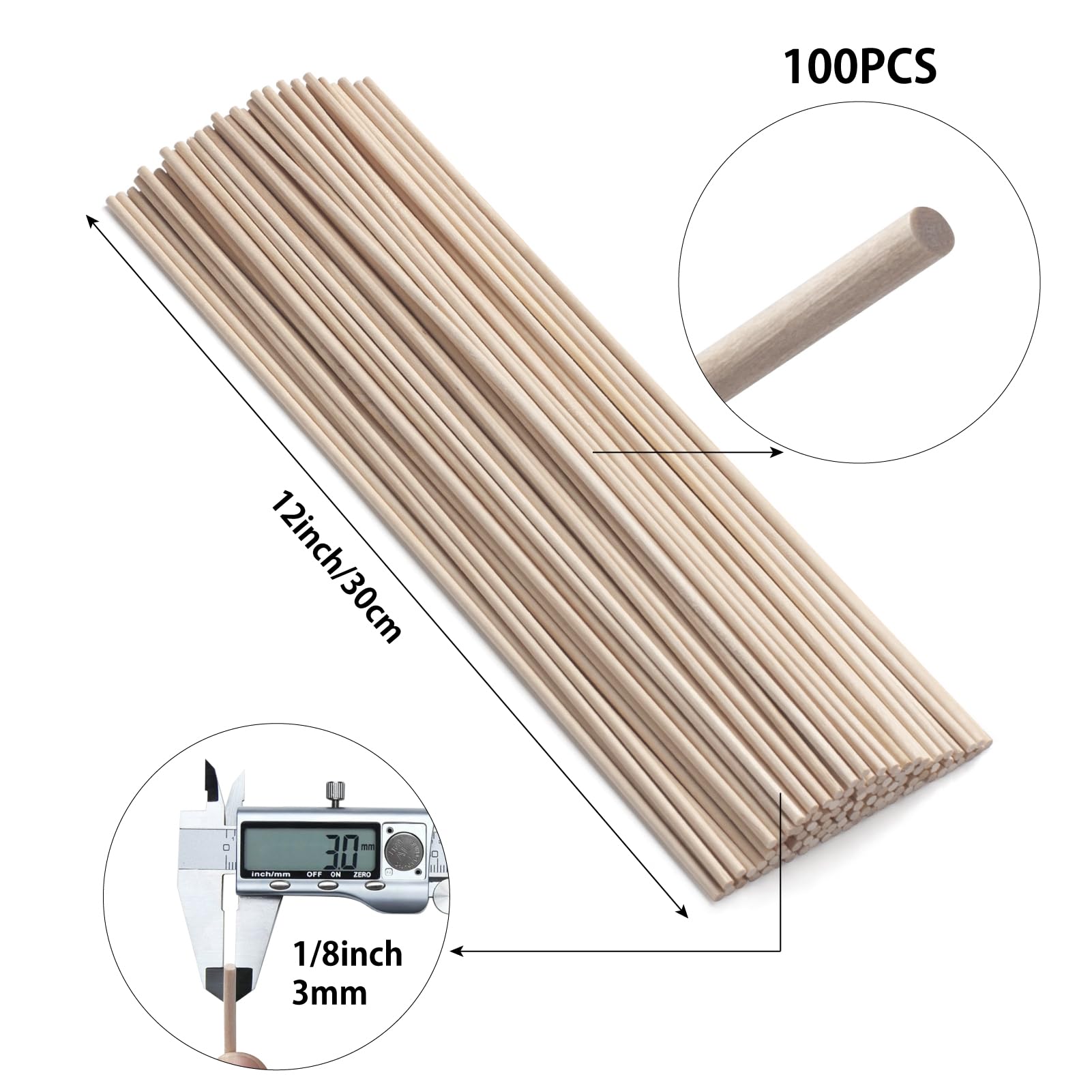Wooden Dowels Wood Sticks for Crafts 100 PCS 3 mm x 30 cm Wooden Poles Wood Dowel Rods for Crafting Macrame - Image 2