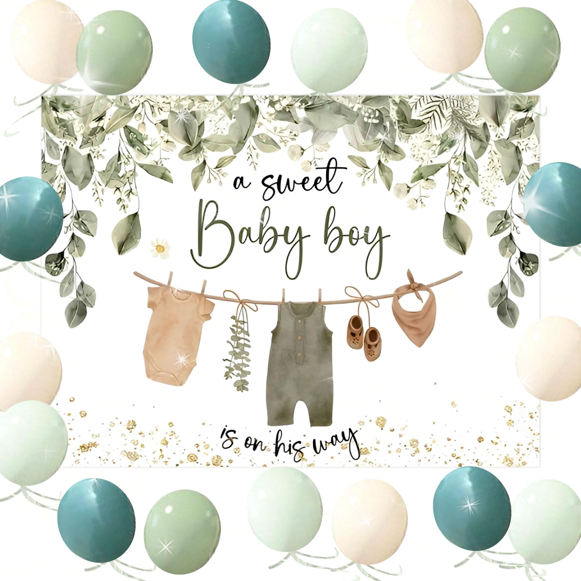Baby Shower Backdrop for Boys Greenery A Sweet Baby Boy is On The Way Decoration Boy Green Leaves Baby Shower Party Balloons Banner Supplies Photo Booth Props