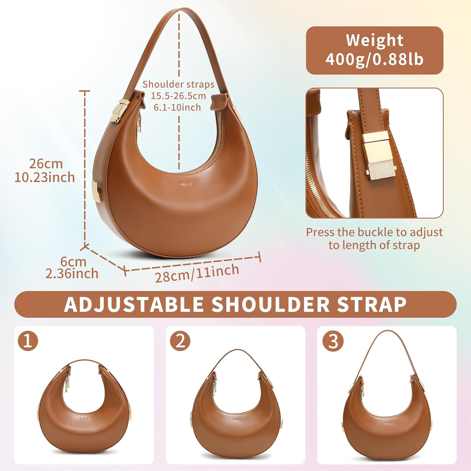 Keyli Shoulder Bag for Women 3 Ways Adjust Strap Clutches Hobo Purses Fashionable Casual Tote Handbags with 2 Zipper Closure - Image 4