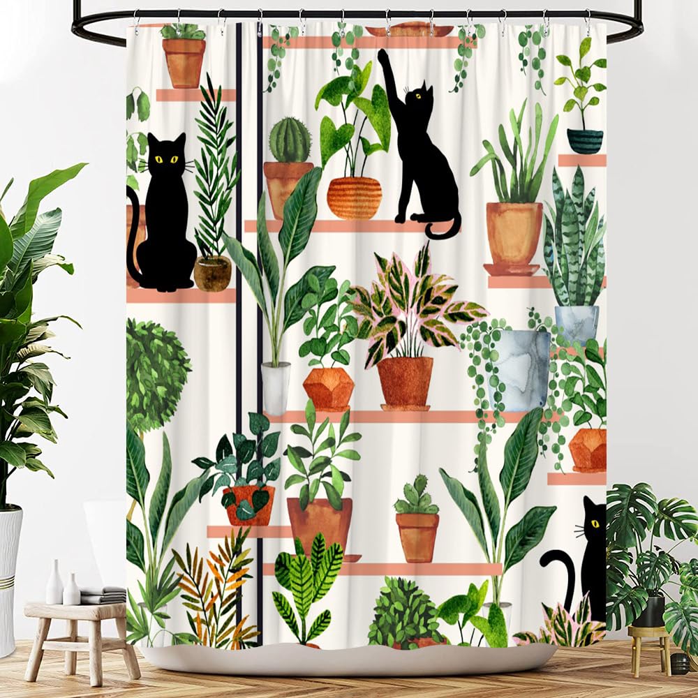 YOZSLGU Plants Cat Shower Curtain Black Kitty Boho Potted Green Leaves Botanical Aesthetic Fabric Bathroom Decor Curtains with Hooks, 70" Wx70 H