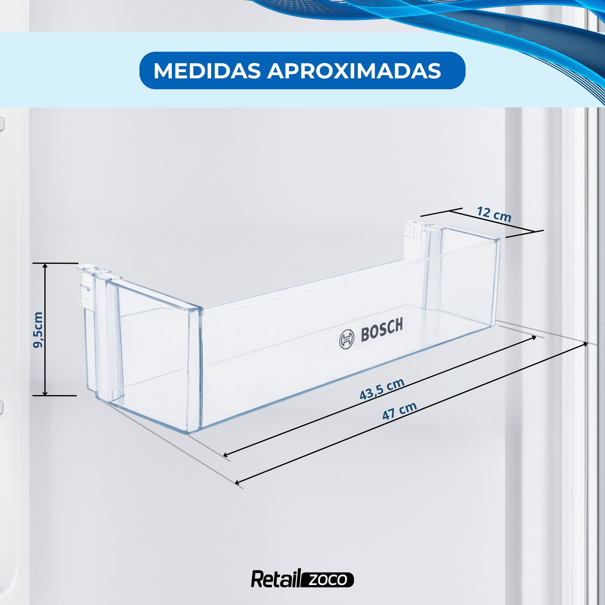 Estante Botellero Frigorífico compatible con Bosch, Botellero inferior para la nevera, código original 00744473, 11023872 compatible con 00705901, Dimensiones 442 mm x 124,9 mm x 100 mm — view 3