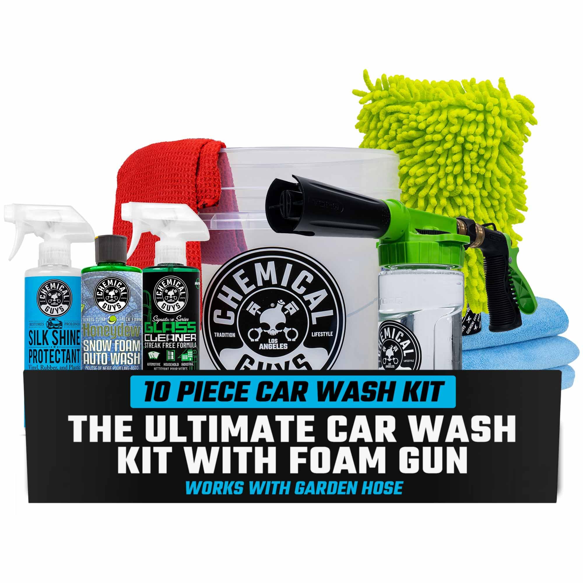 Chemical Guys HOL148 10-Piece Arsenal Builder Car Wash Kit with Foam Gun, Bucket, (4) Towels, Wash Mitt and (3) 16 oz. Car Cleaning Chemicals (Works w/Garden Hose) – 2024 Version