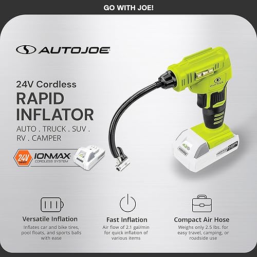 Miniatura 2 de Auto Joe Kit de compresor de aire portátil inalámbrico 24V-AJC-MAX  Con batería de 1.3 Ah, accesorios de boquilla y bolsa de almacenamiento