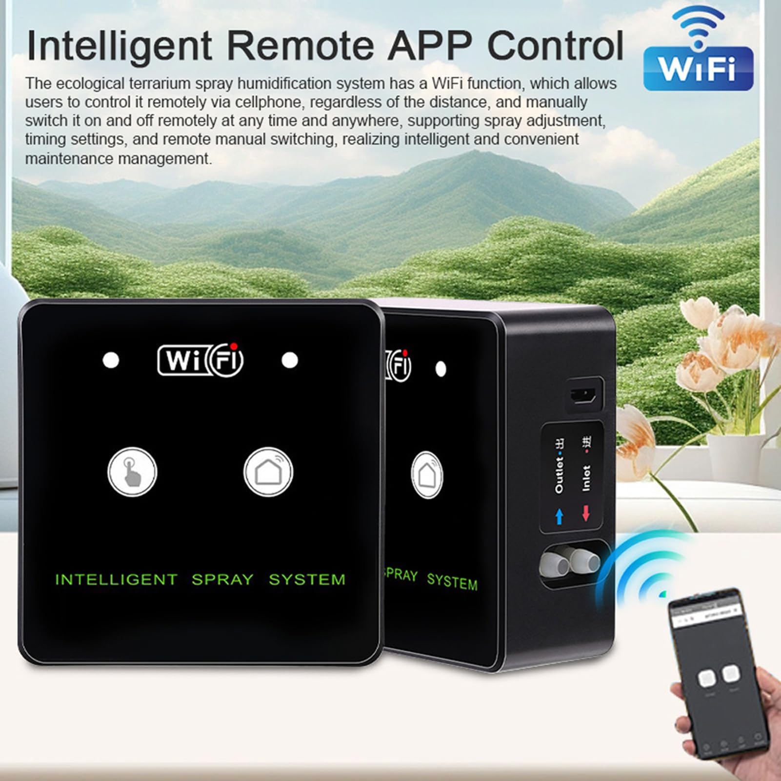 SIXRUN WLAN-Sprühsystem, ABS-Beschlagsystem mit App-Steuerung, 360° Drehbar, 2 Düsen, 5 V, 2 A, Zeitgesteuertes Beschlagen für die Feuchtigkeitskontrolle von Reptilien, Terrarien, Vivarien (10m 3