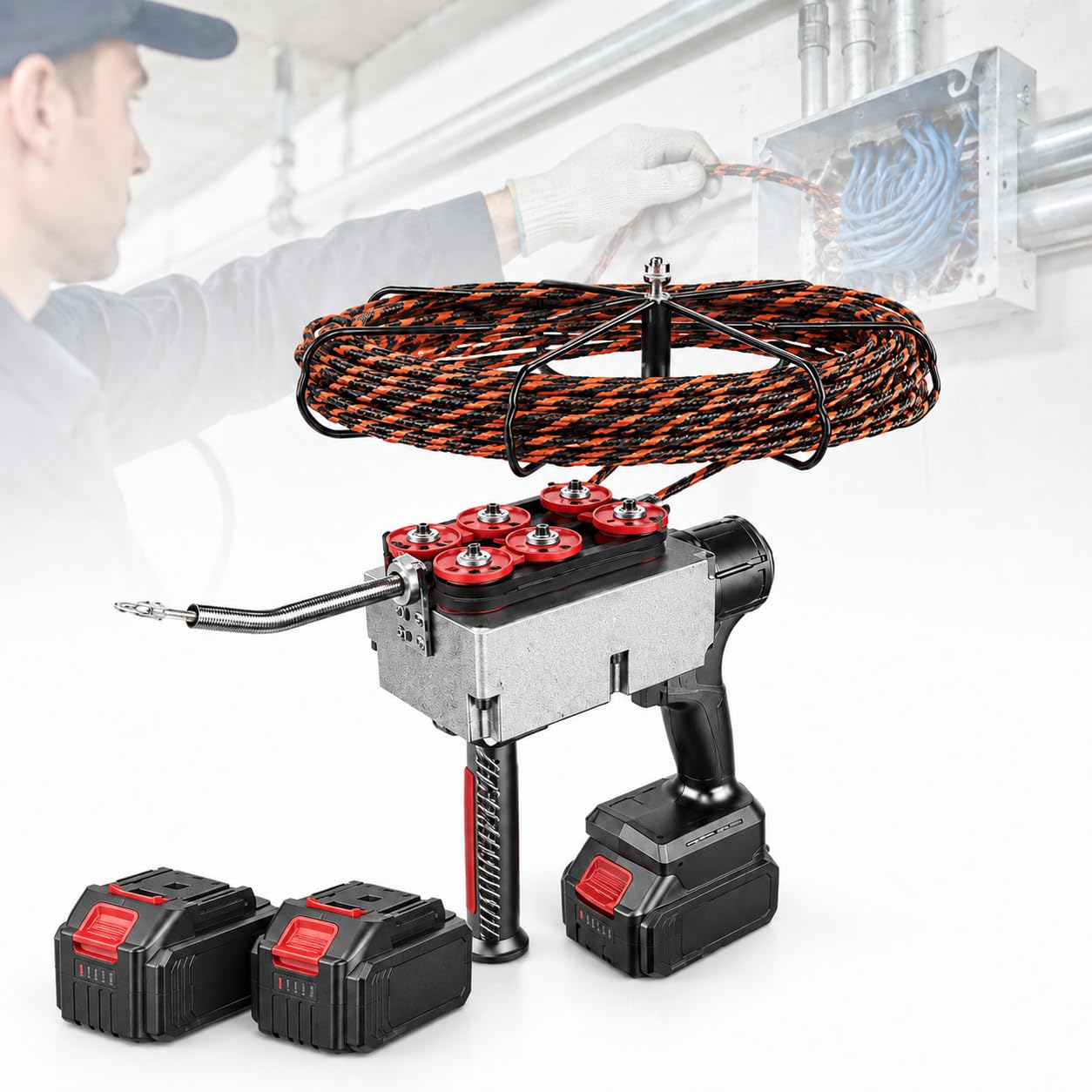 Infilatrice Automatica per Cavi Elettrici Senza Fili - Tiracavi Elettrico con Motore Brushless A velocità Regolabile per Pareti, per Impianti Idroelettrici E Lavori Edili dualbattery