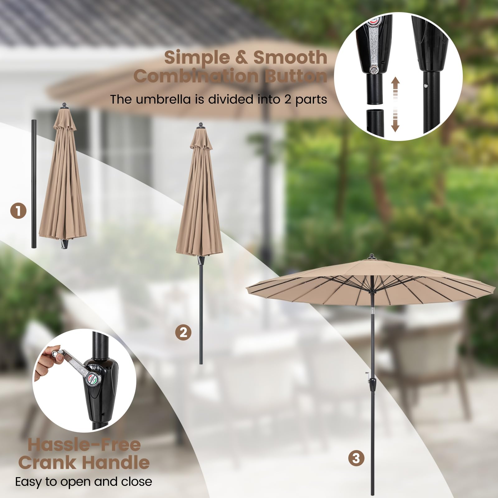 KOMFOTTEU Parasol ogrodowy Ø 265 cm, nachylona osłona przeciwsłoneczna z korbą, parasol zewnętrzny z 18 żebrami, parasol zewnętrzny z ochroną UV na patio, balkon, basen