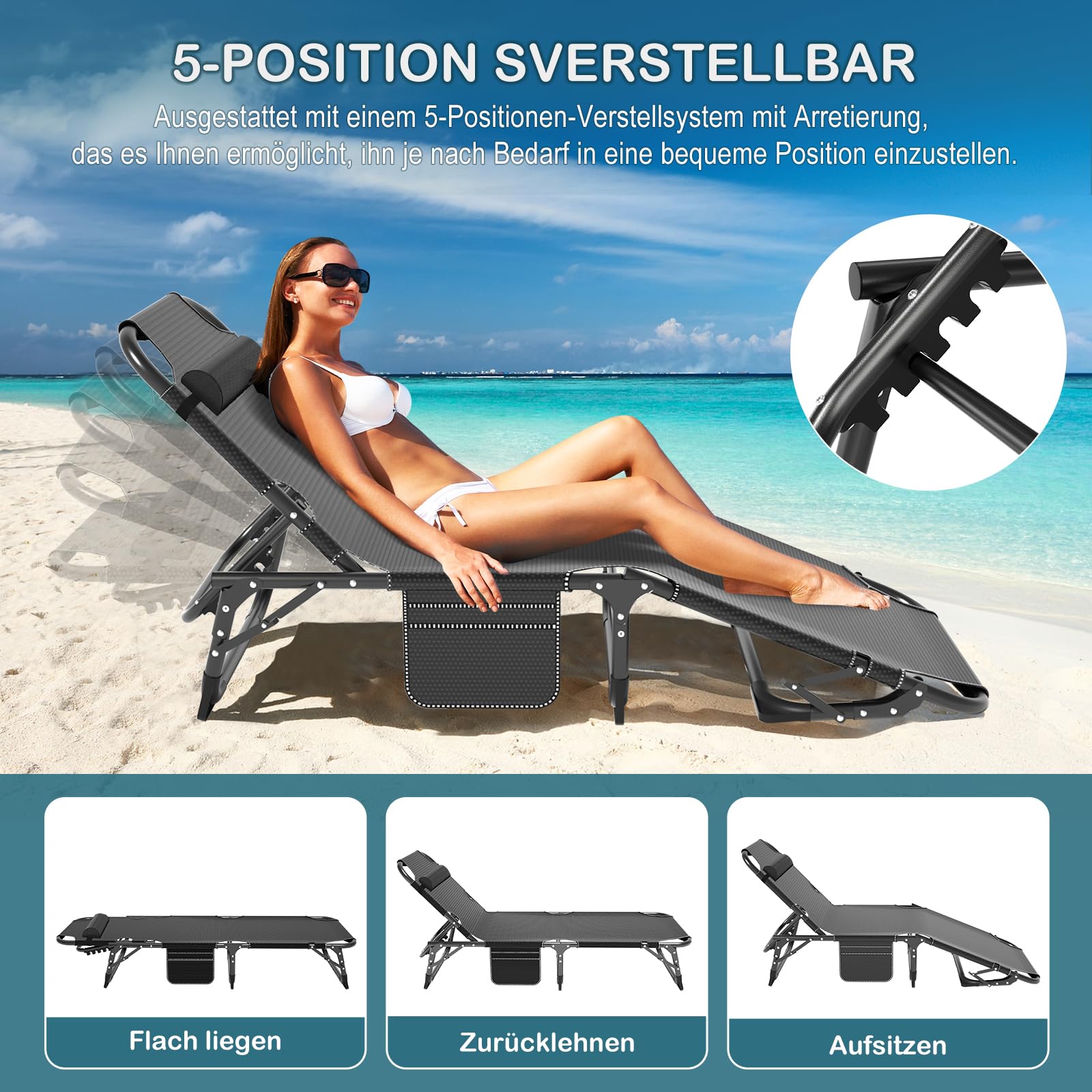 Sonnenliege Klappbett Campingbett Gästebett klappbar liegestuhl 200KG Lastlager Gartenliege Mit Matratze Seitentasche und Kopfstütze Feldbett für Outdoor Indoor Garten Camping (Grau-BK)
