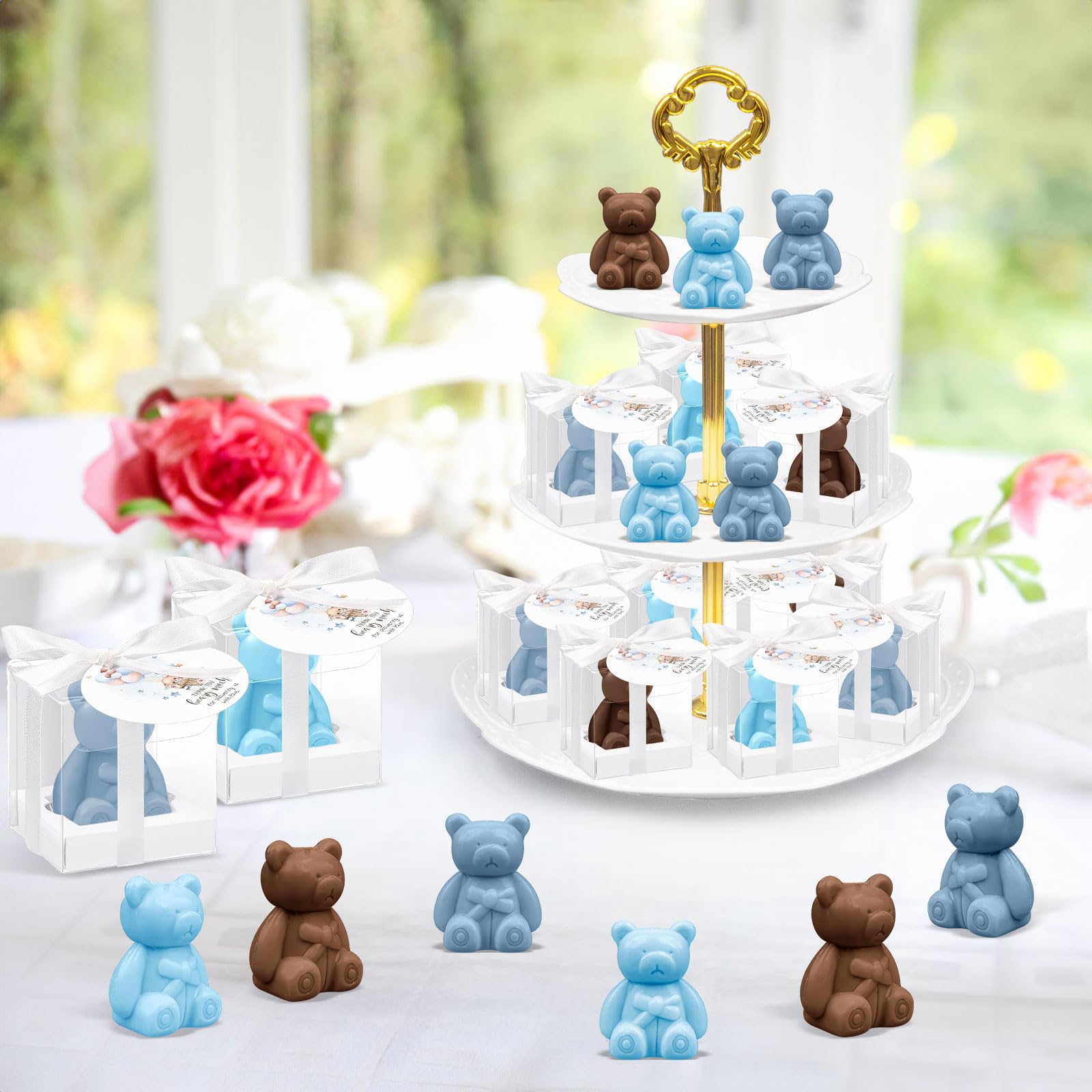 36 Stück Bären Seife Babyparty Gastgeschenke, Mini Baby Shower Bärenseife mit Geschenkbox Dankeskarten, Kleine Duftend Seife für Jungen Mädchen Gender Reveal Taufe Gäste Mitgebsel, Blau & Braun
