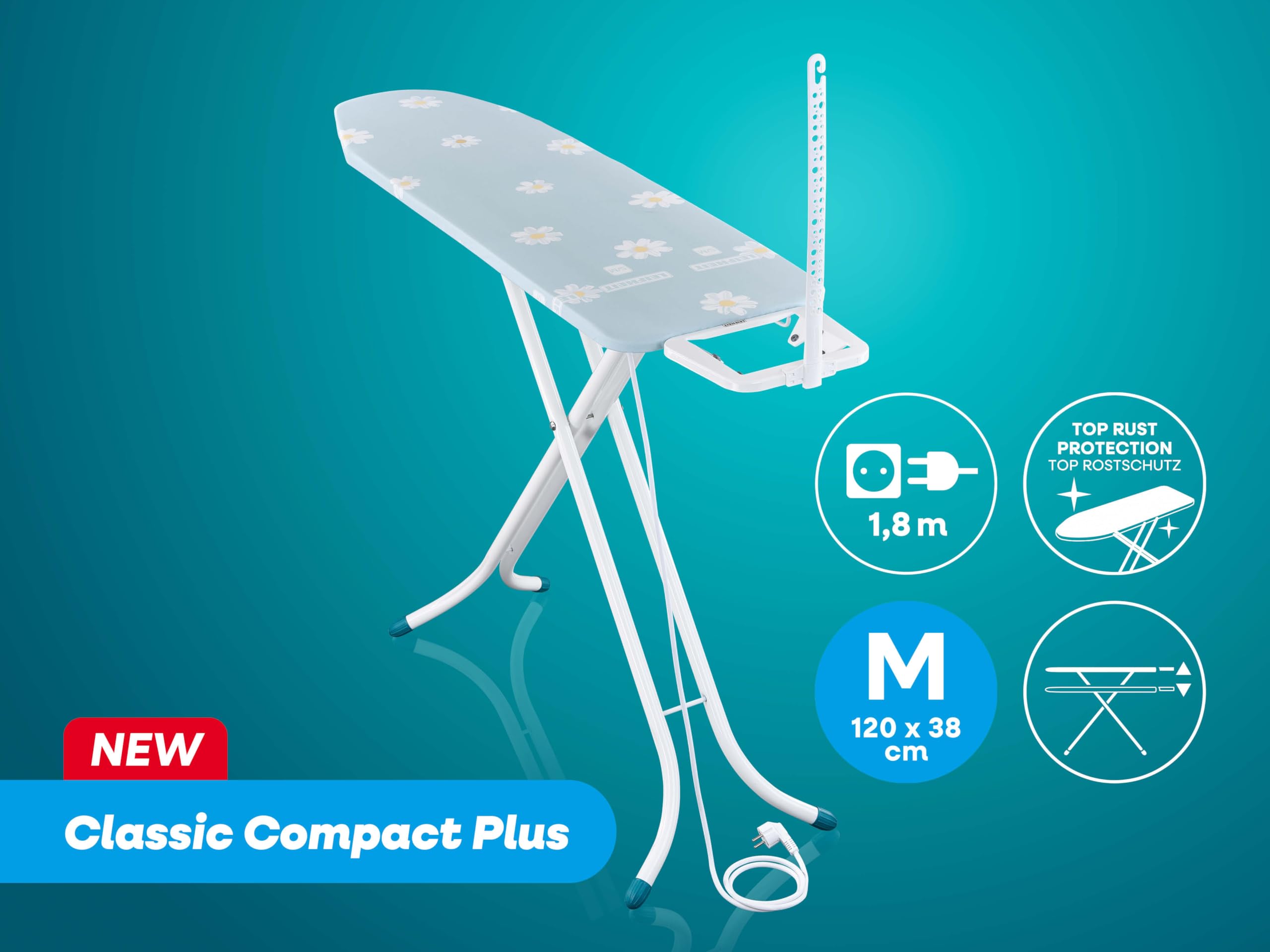 Leifheit Bügelbrett Classic M Compact Plus, Bügeltisch mit Fläche 20 x 38cm | Kompakte Streckmetall-Bügelfläche, stabil und höhenverstellbar 76-96 cm, Kabelhalter, Transportsicherung, weiß/blau/gelb