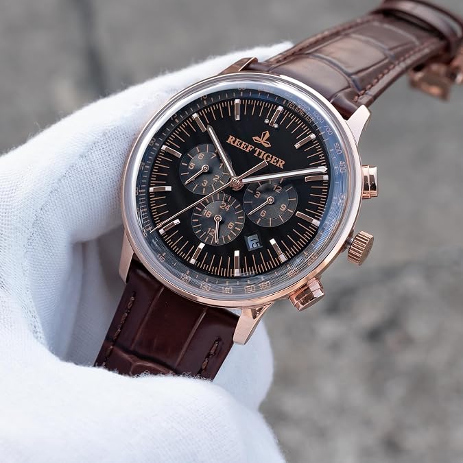 Reef Tiger Automatic Chronograph Watch, Multi-Functional, Leather Strap, Men's Luxury Timepiece