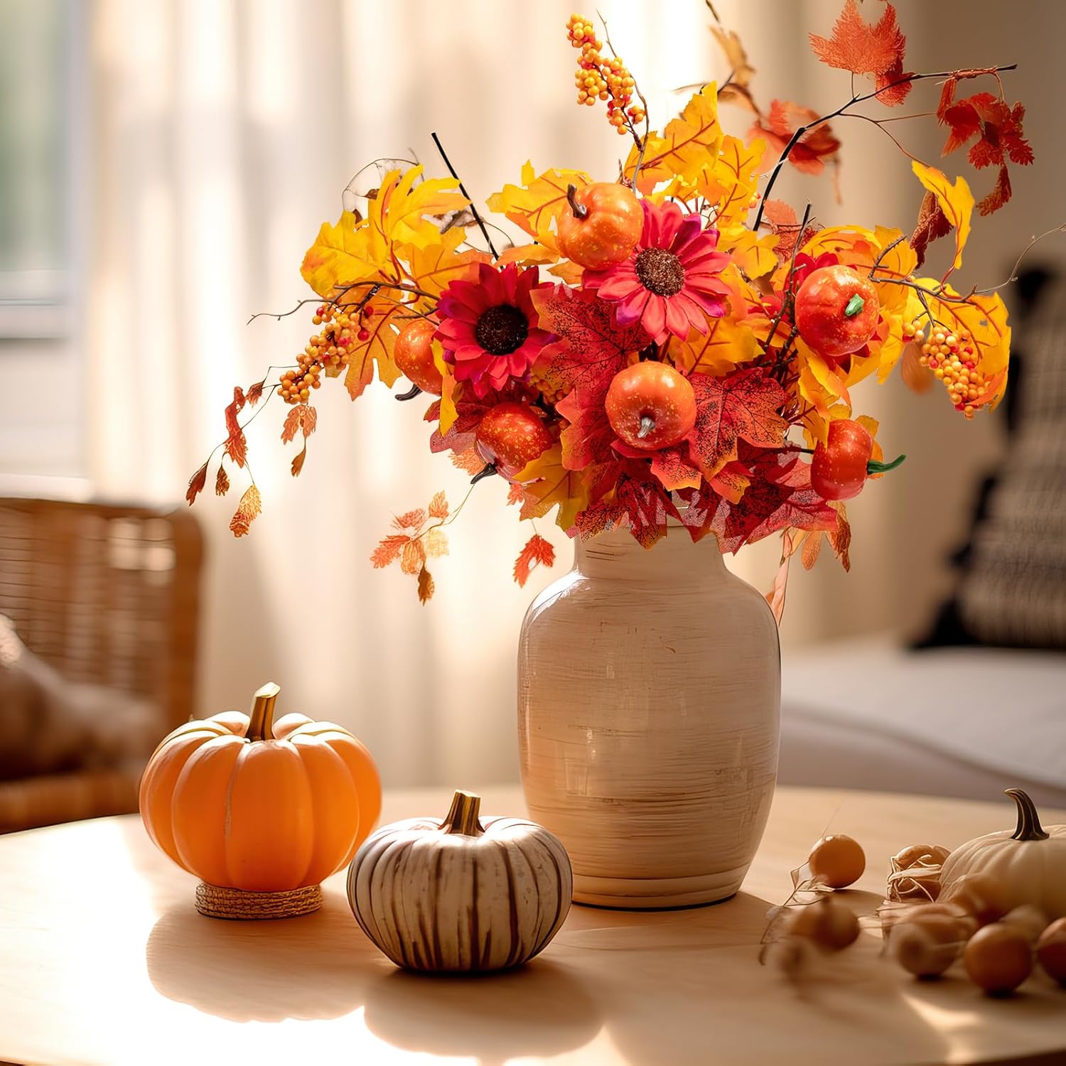 4 Pcs Fall Artificial Flowers Fall Golden Faux Long Stem Harvest Flower Bouquet Autumn Silk Maple Leaf Sunflower Pumpkin for Home Wedding Thanksgiving Centerpieces Arrangements Party Home Decoration