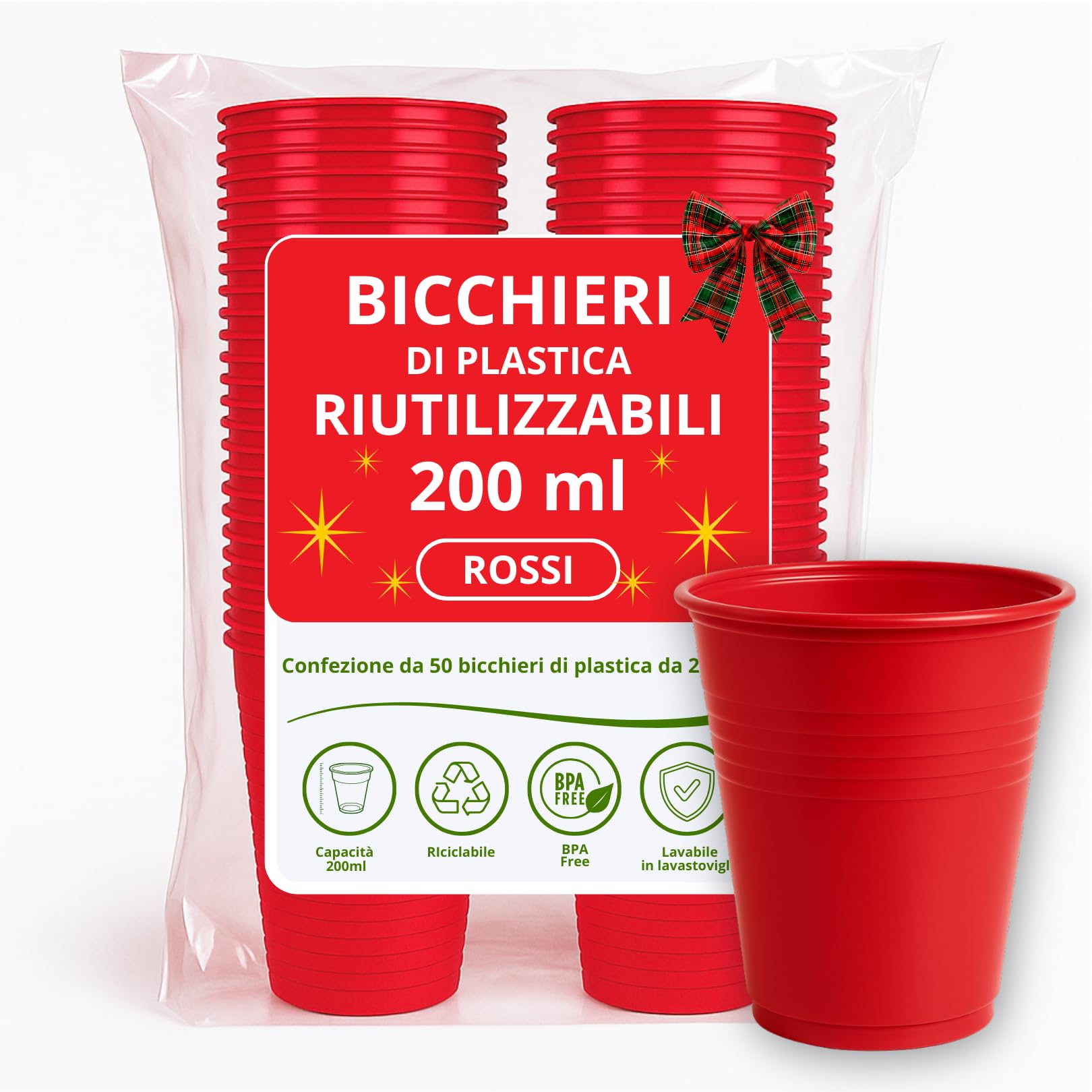 Bicchieri Plastica per Natale 50pz da 200ml Rossi Riutilizzabili (fino a 50 Lavaggi) Lavabili in Lavastoviglie BPA Free Impilabili Per Acqua Cocktail Birra Ideali per Feste Buffet Ufficio Bar Catering