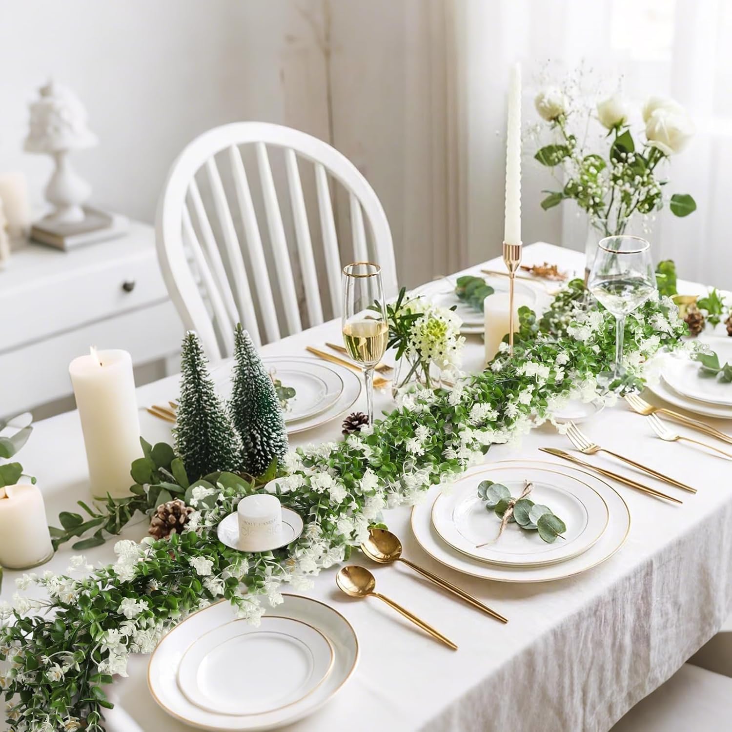 RECUTMS Faux Eucalyptus Garland Plant Fake Vines, Artificial Hanging Eucalyptus Leaves Greenery Vines for Wedding Backdrop Arch Wall Party Home Bedroom Decor Indoor Outdoor(White) - Image 4