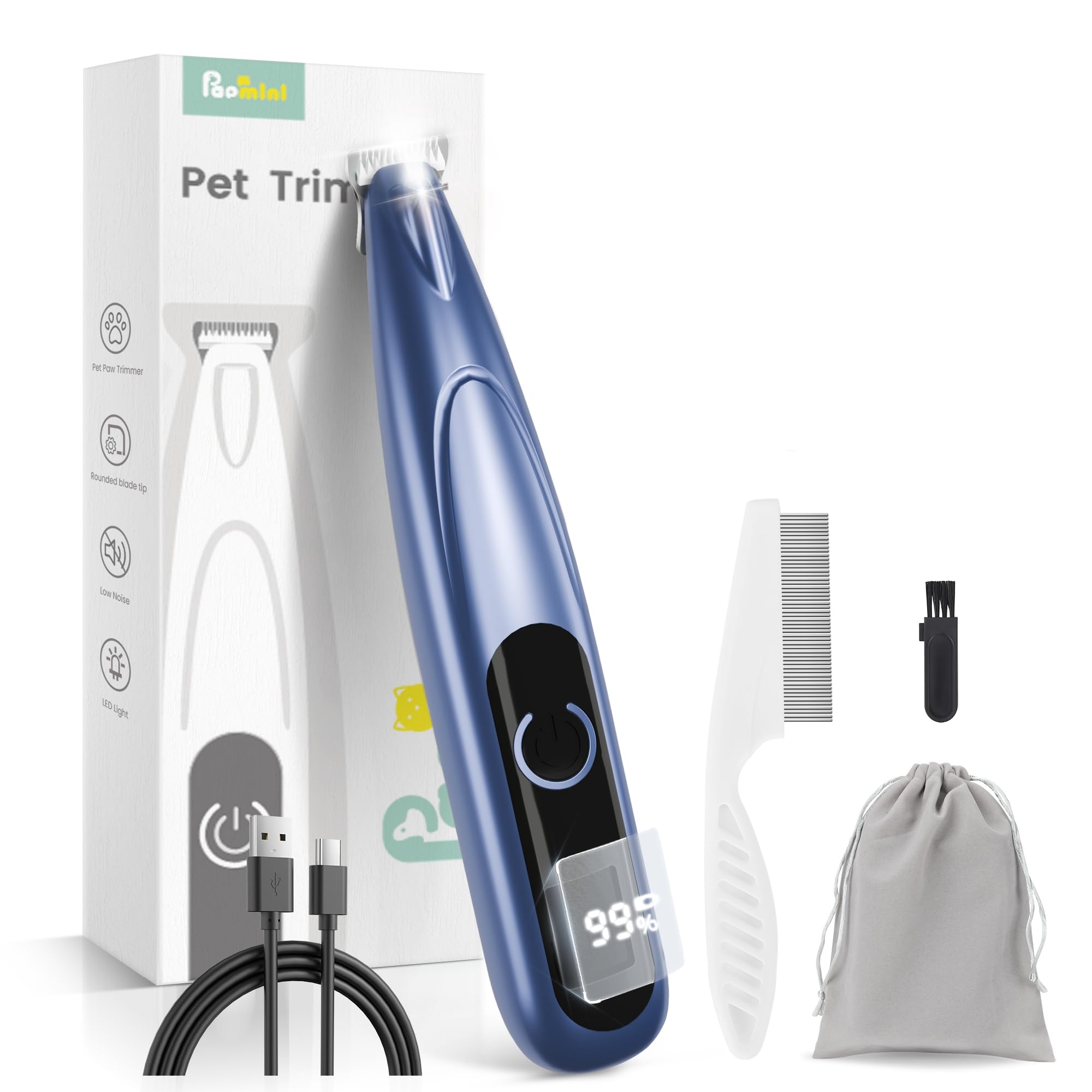 Pfotentrimmer für Hunde mit LED-Licht, Extra Leise Hundeschermaschine, Hundepfoten Trimmer, Type-C Wiederaufladbar Schermaschine Hund, Paw Trim Pro für Pfoten, Ohren, Gesicht, Augen (Blau)