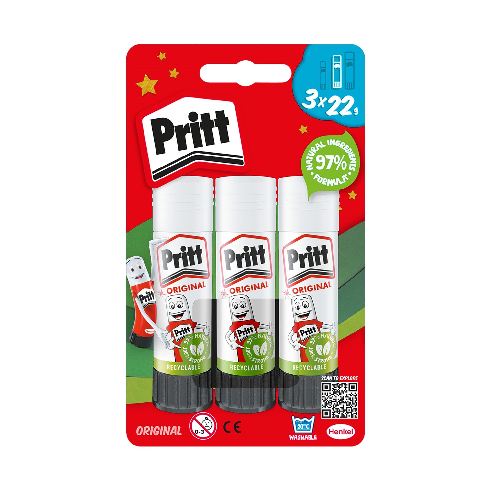 Pritt Child-Friendly Glue Sticks for Arts & Crafts Activities 22g, 3 Sticks