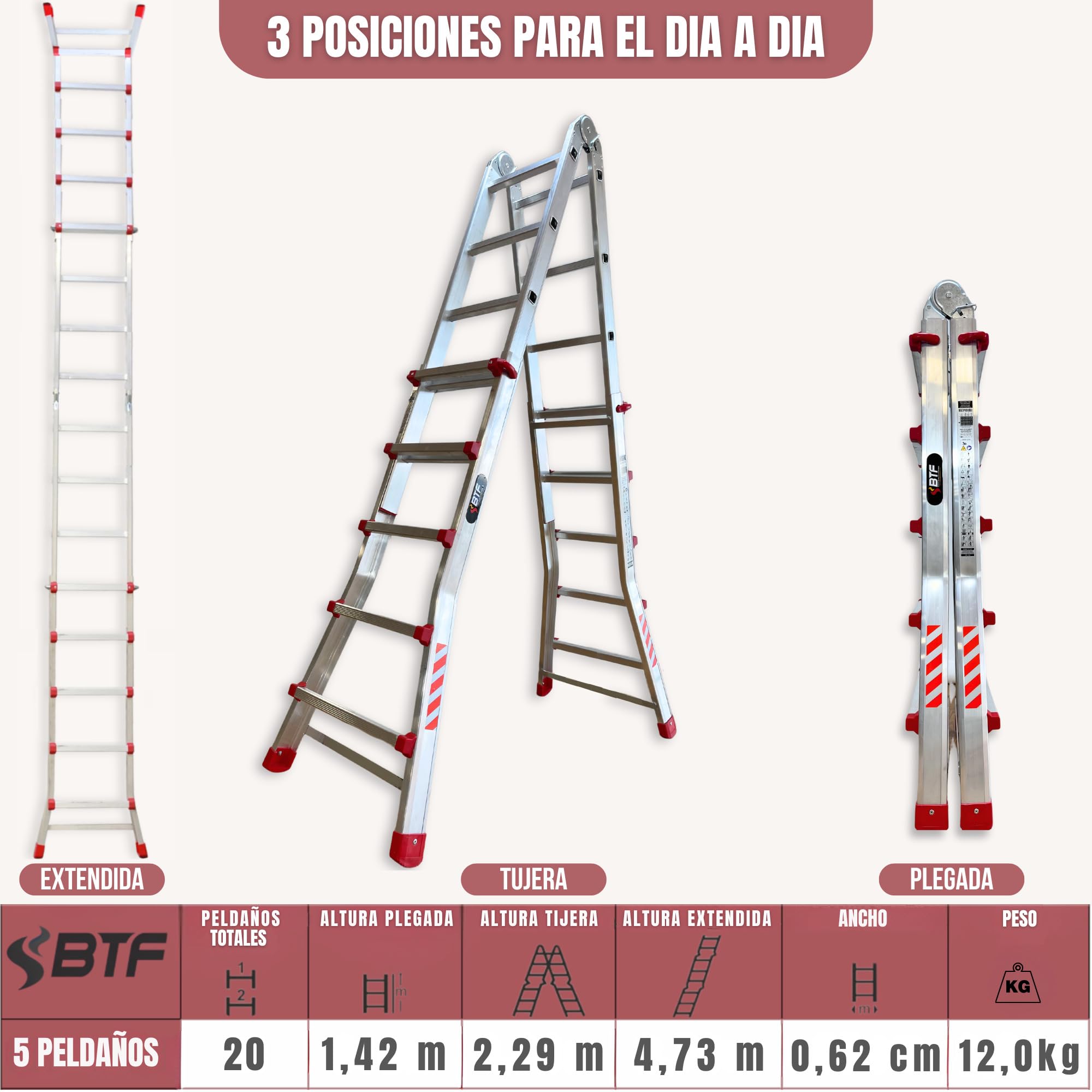 BTF Premium Escalera Telescópica hasta 20 Peldaños | Escaleras Plegables Aluminio | Escalera Extensible 4,7 Metros y 150kg | Multiposición Ladder | Escada Certificación EN131