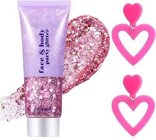 Go Ho Gel de purpurina corporal rosa y 2 aretes de corazón para mujer, brillantes holográficos y lentejuelas gruesas con purpurina y aretes