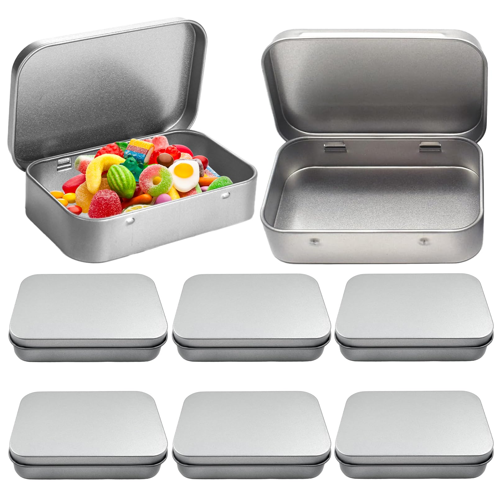 8 PCS Metal Storage Boxes with Lid, Silver Small Rectangular Storage Container Boxes, Tins Mini Portable Boxes Storage Kit for DIY, Gift Cards,Candy,Earring,Coin,Small Items (9.5 x 6 x 2.2cm)
