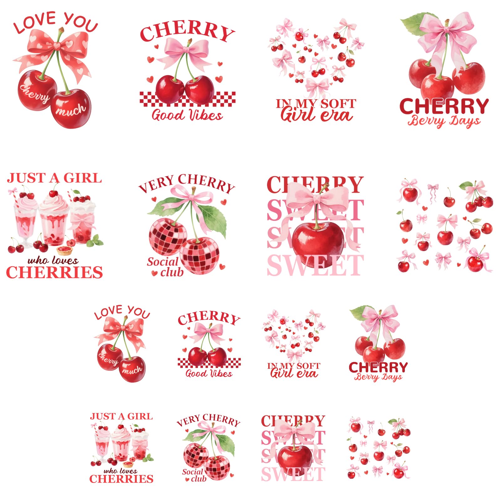ANATTASOUL 16Pcs Cherry and Bow Tie Iron on Transfers for T-Shirt DIY Craft