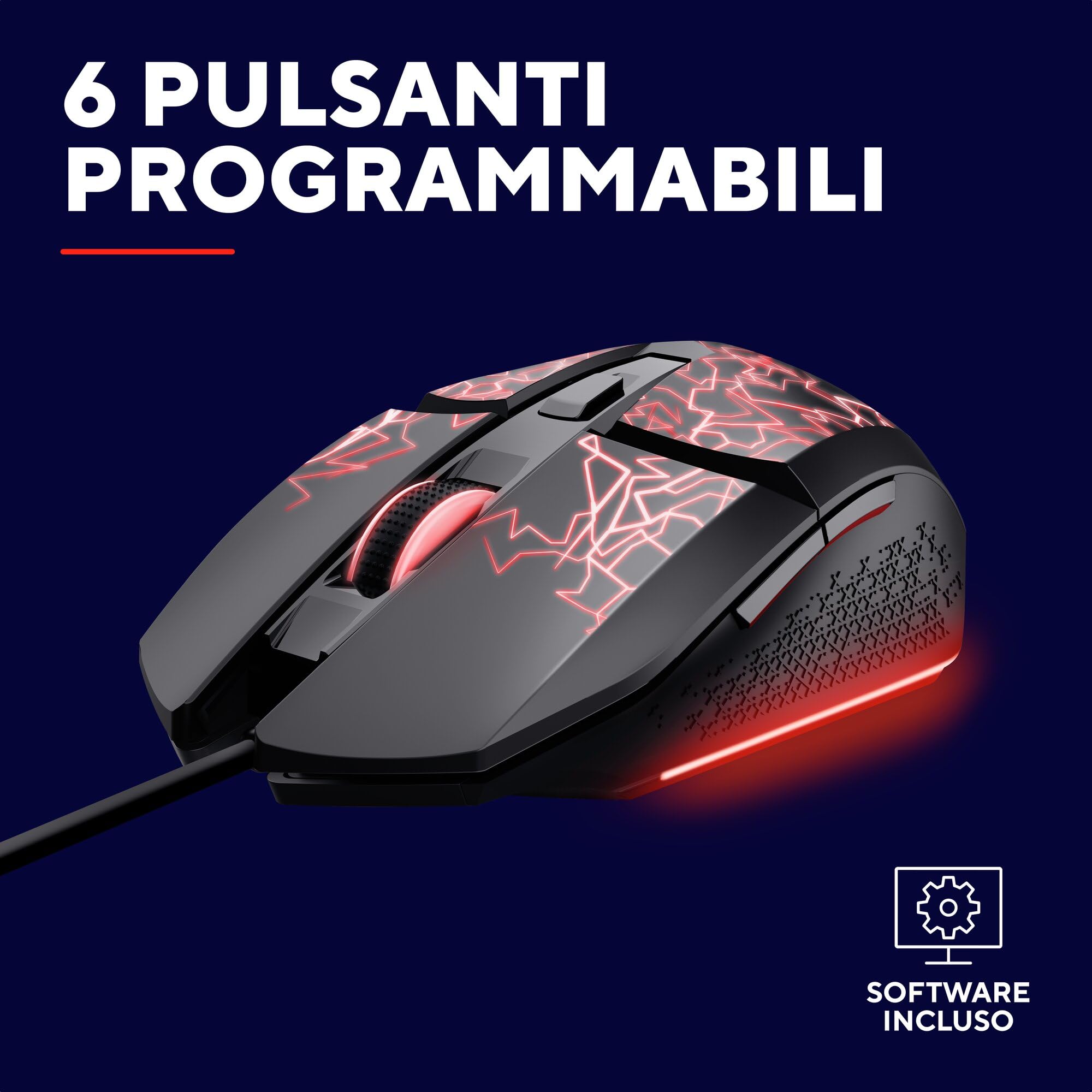 GXTrust 1113 Vylax Mouse Gaming con Illuminazione LED Multicolore, 6 Pulsanti Programmabili, Software Incluso, 200-6400 DPI, Mouse con Filo USB 150 cm per PC Portatile Computer, Nero