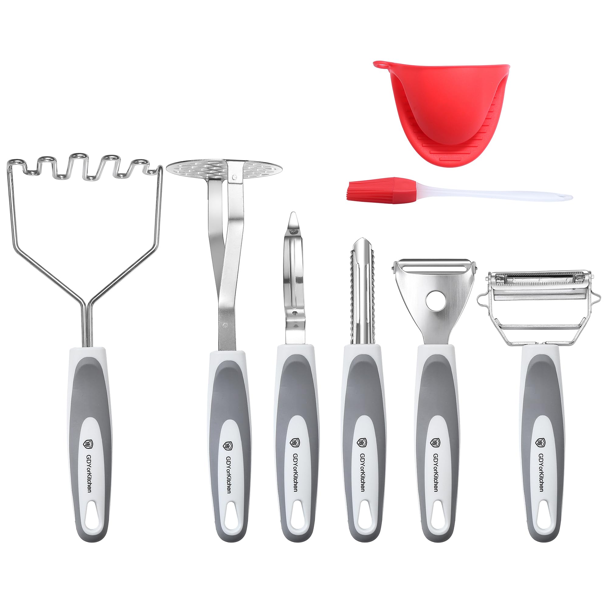 Kartoffelstampfer und Schäler aus Edelstahl, Set (6 Stück, grau) – inklusive Kartoffelstampfer, Drahtstampfer, Mehrzweckschäler, komfortabler Griff für Küche, inklusive Silikonbürste und Ofenhandschuh