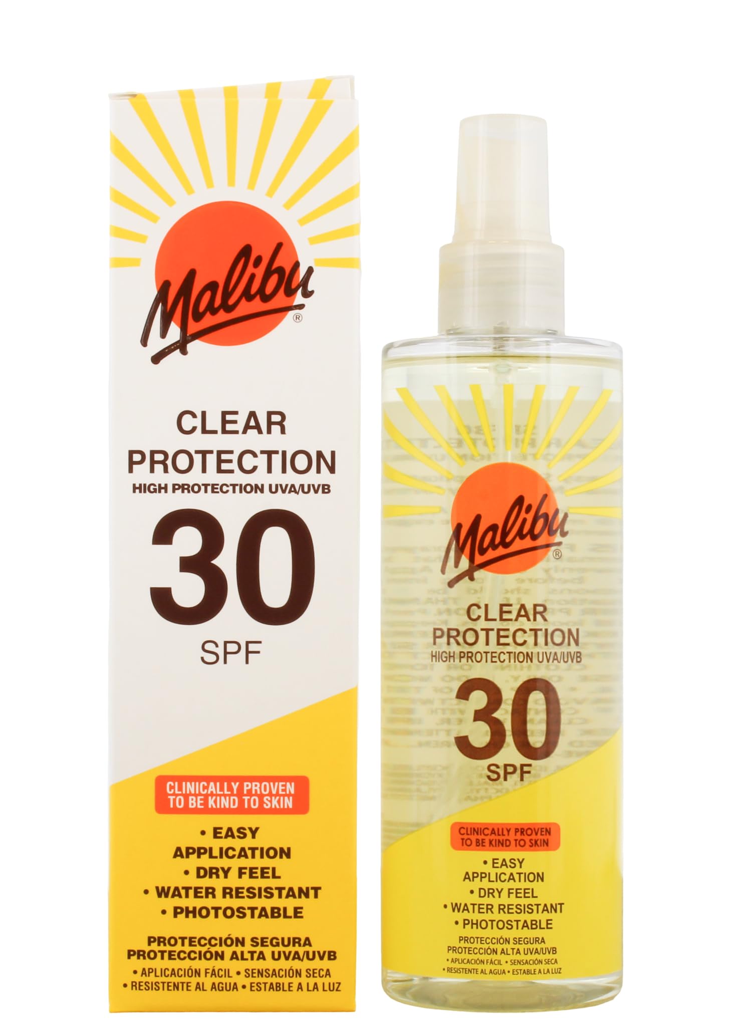 Malibu Sun SPF 30 Clear Spray Sunscreen, High Protection, Dry Feel, Water Resistant, 250ml