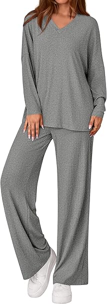 PRETTYGARDEN 2 Piece Lounge Sets for Women Fall Outfits 2025 Casual Loose Long Sleeve Tops Wide Leg Pants Matching Pajama Set