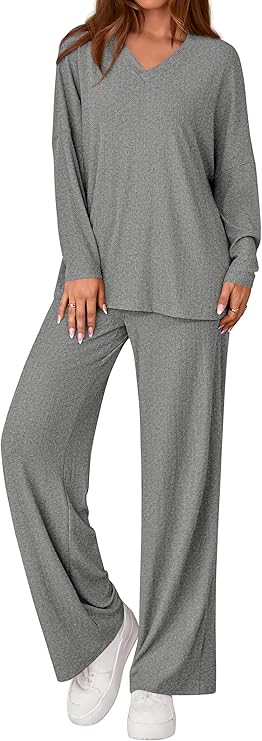 PRETTYGARDEN 2 Piece Lounge Sets for Women Fall Outfits 2025 Casual Loose Long Sleeve Tops Wide Leg Pants Matching Pajama Set