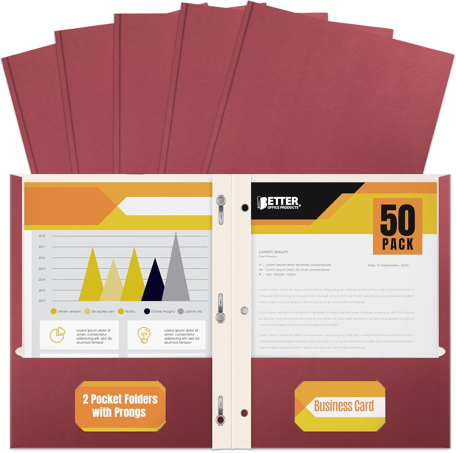 Better Office Products Burgundy Paper 2 Pocket Folder with Prong 50 Pack Matt Texture Letter Size Paper Folder 50 Pack Metal Prong Fastener Clip 3 Burgundy Red