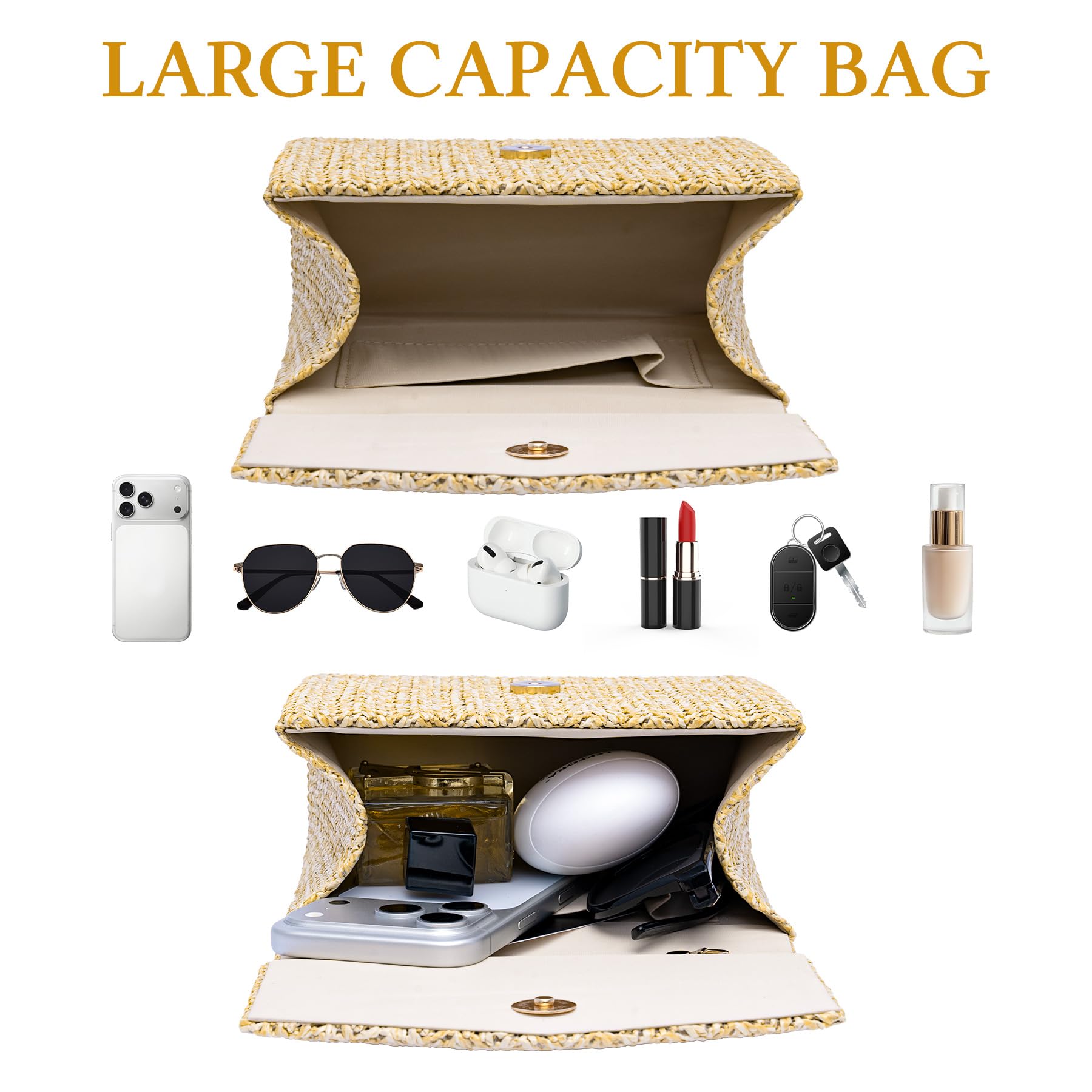 Larcenciel Pochettes et Clutches Femme en Paille, Sac Paille Beige avec Chaîne, Sac à Main de Plage Bohèmes Tissées pour Party
