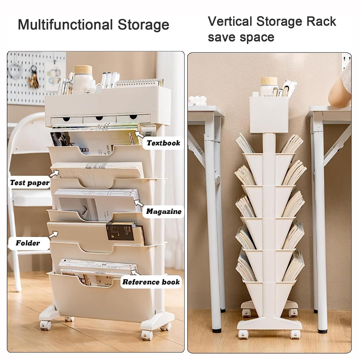 Scaffale Mobile a 6 Livelli con 3 Cassetti, Carrello Portadocumenti per Biblioteca, Scaffale Mobile per Libri sulla Scrivania Dell'aula, Classificatore da Ufficio con Rotelle Bloccabili