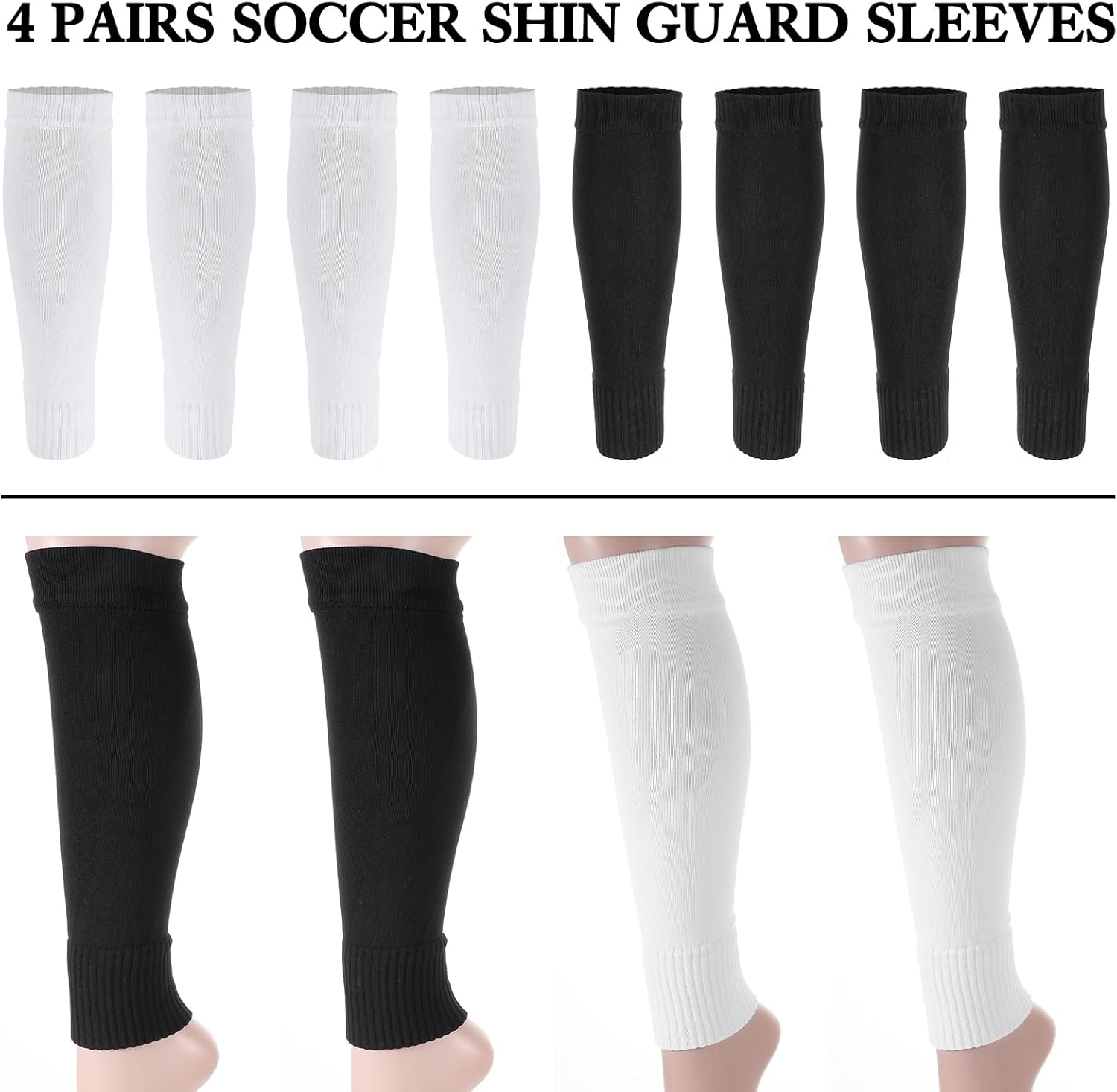 4 Pairs Pre Cut Soccer Socks Wear-Resistant Shin Guard Sleeves Elastic Leg Sleeves for Soccer for Men and Women(White,Black) - Image 2