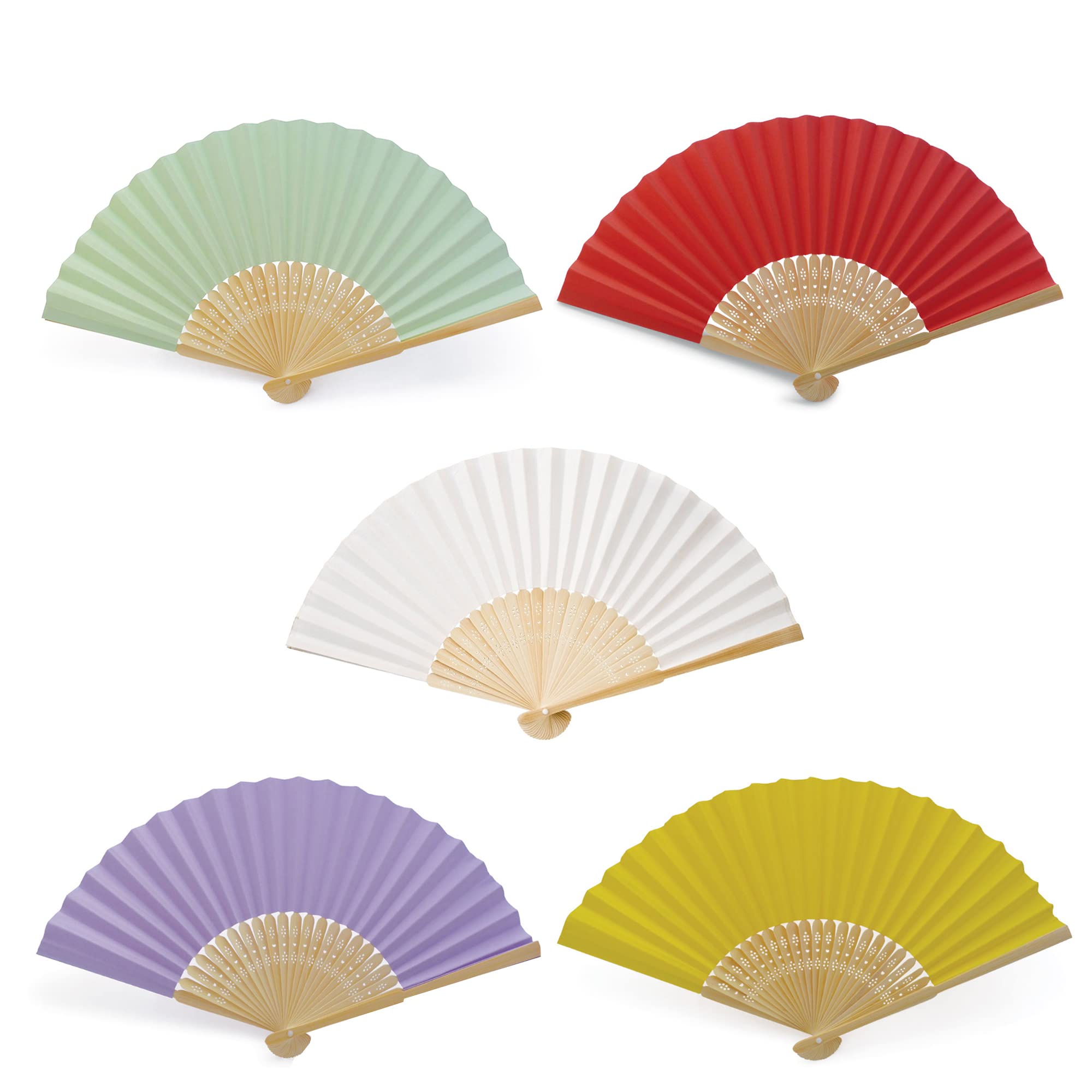 OLILLY – 50 abanicos de papel y bambú multicolor para invitados – Blanco, Verde, Rojo, Lavanda y Amarillo – Boda, Fiesta, Evento al aire libre … (Multicolor, 50 abanicos)
