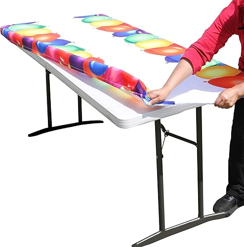 Miniatura 2 de Mantel elástico ajustable con globos para mesa plegable, funda de vinilo PEVA rectangular impermeable con borde elástico, ideal para artículos