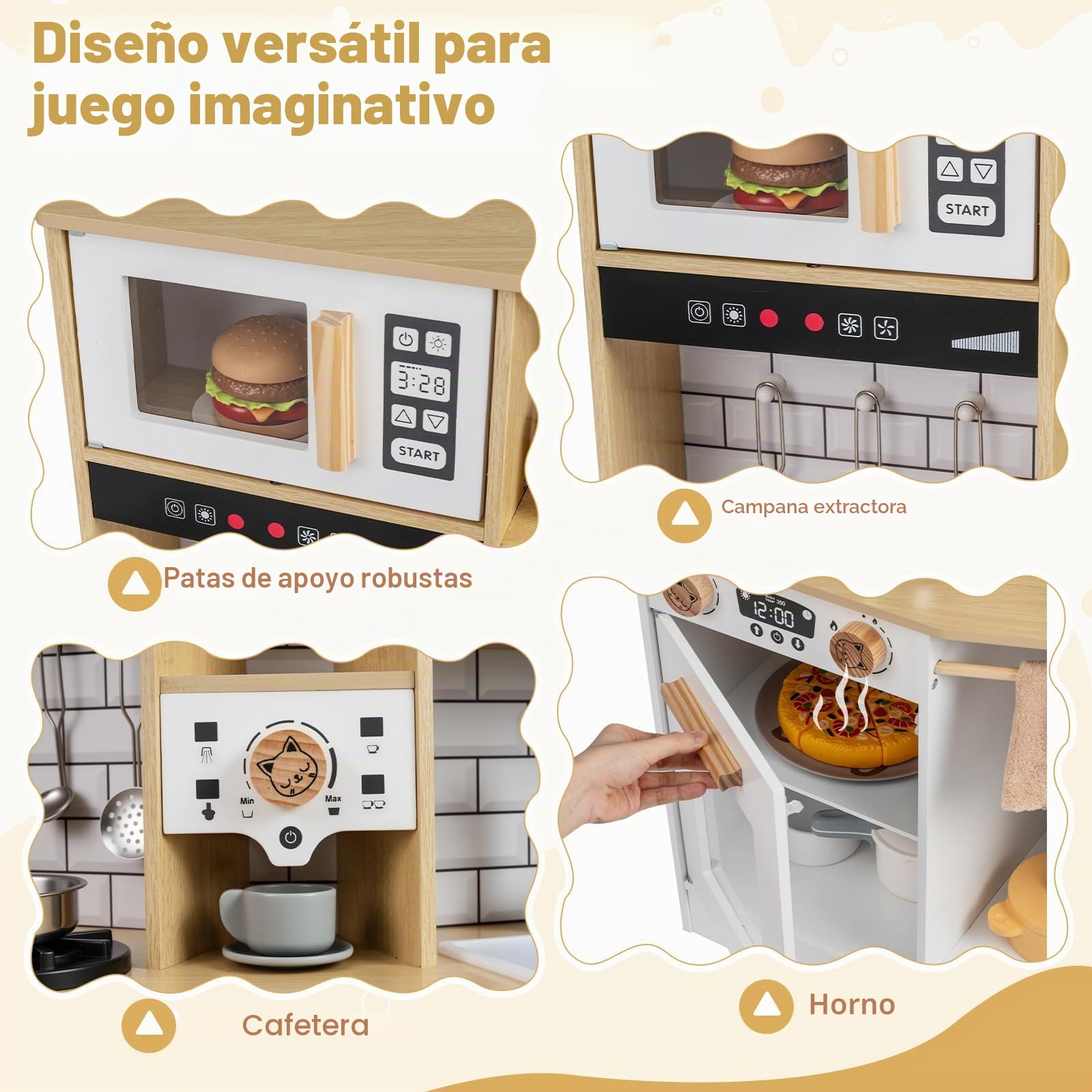 FANTASK Cocina de Juguete de Madera con luz y Sonido, Accesorios de 10 Piezas, Estufa/Fregadero/Horno y electrodomésticos múltiples, Cocina Infantil a Partir de 3 años (Blanco)